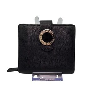 Bvlgari Black Pebbled Leather Compact Bifold Wallet Silver Logo Red Interior